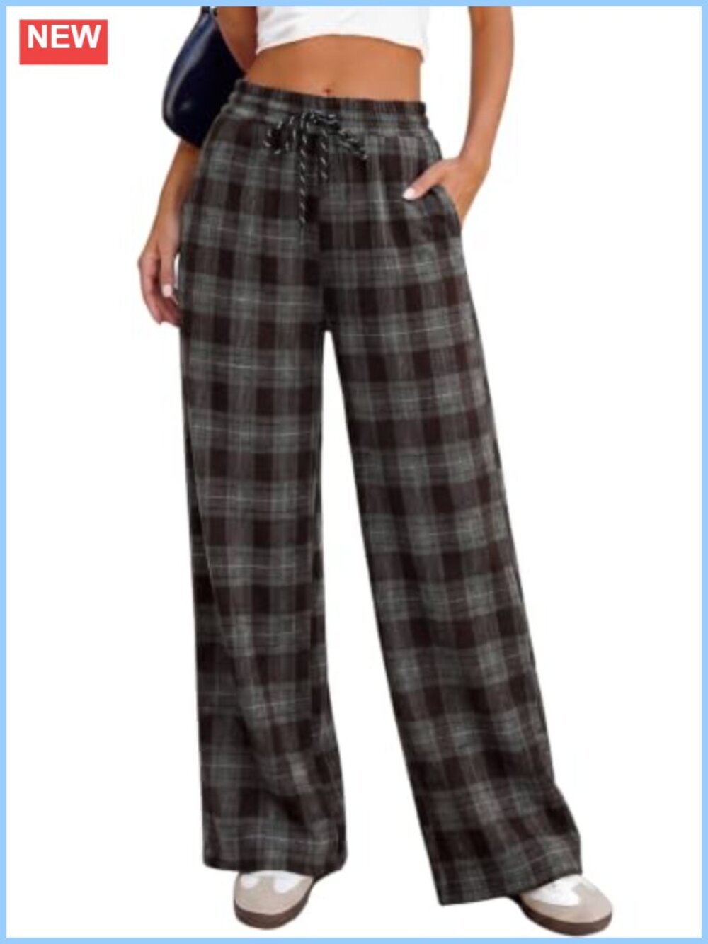 Women's Plaid Wide Leg Pants with Pockets High-Waist Drawstring Casual Trousers